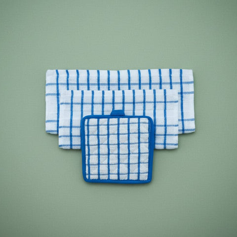 Kitchen Ensemble Collection White with Blue Check - Rifz Textiles Inc