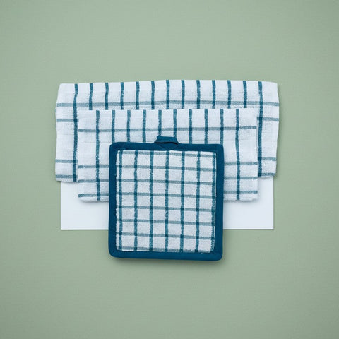 Kitchen Ensemble Collection White with Green Check - Rifz Textiles Inc