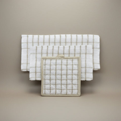 Kitchen Ensemble Collection White with Tan Check - Rifz Textiles Inc