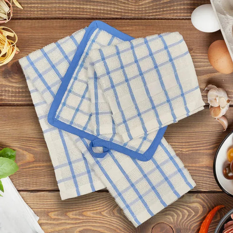 Kitchen Ensemble Collection White with Blue Check - Rifz Textiles Inc