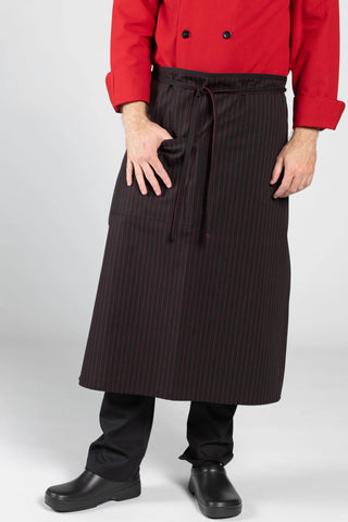 Twill Cotton Blend Full Bistro Aprons with one Pocket Black Red Pinstripe