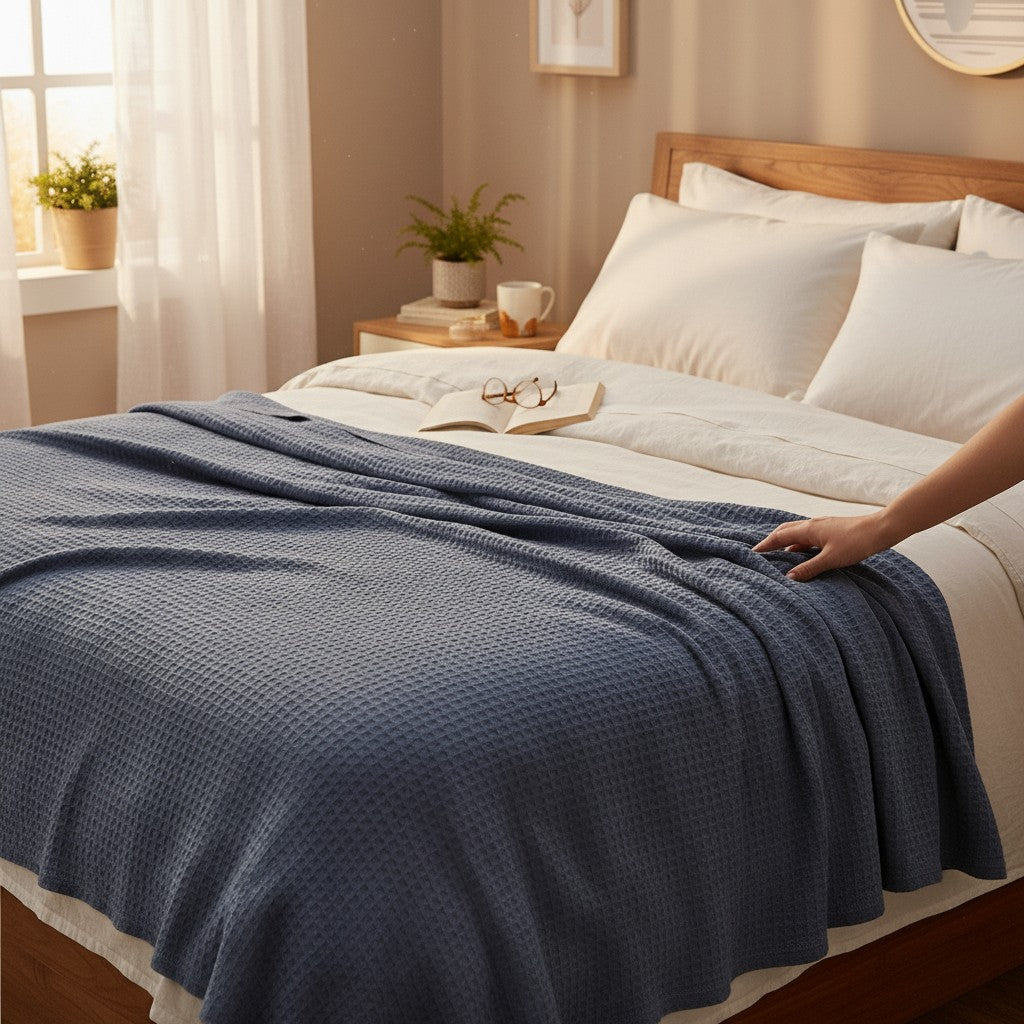 Cotton Honeycomb Weave All Season Blanket Blue - Rifz Textiles Inc