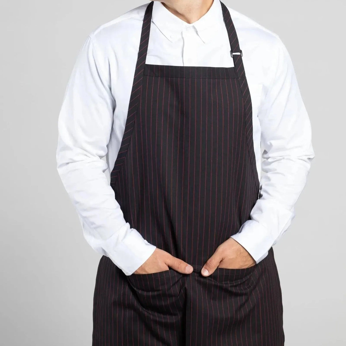 Twill Cotton Blend Adjustable Butcher Aprons in black and red pinstripe - Rifz Textiles Inc
