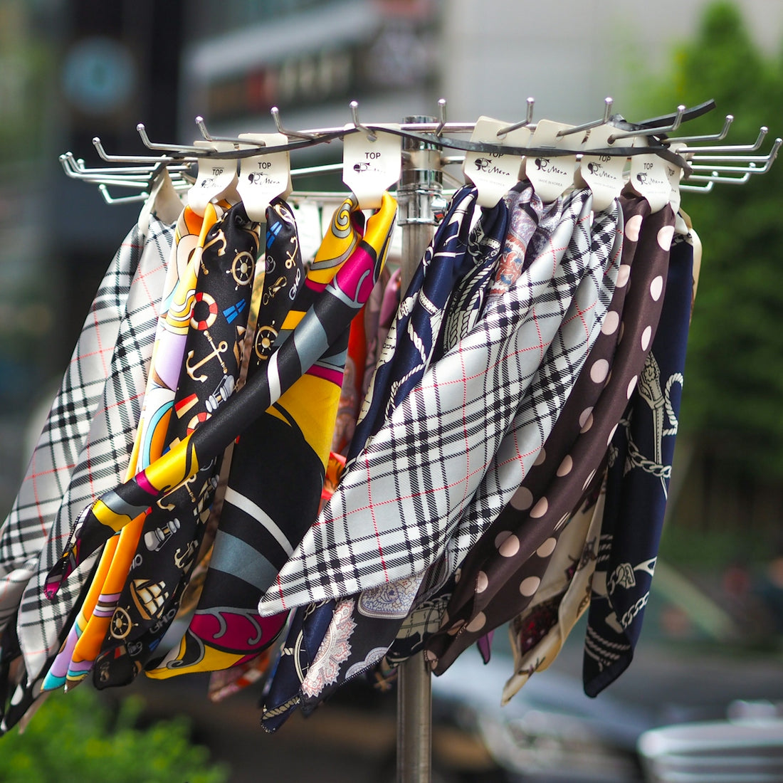 assorted-color scarf lot in rack