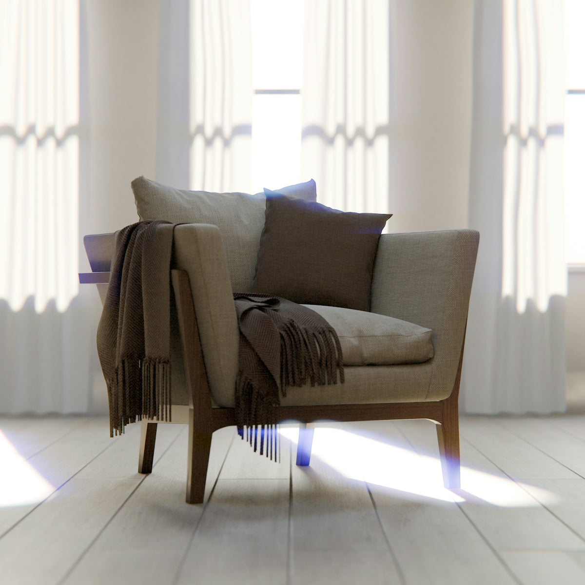 A comfortable armchair with blankets and pillows.