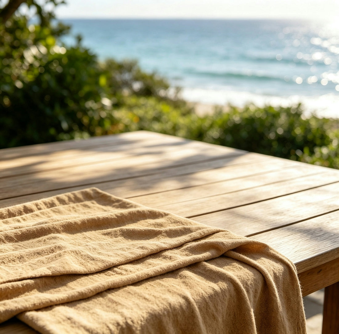 A tan linen cloth on a wooden table overlooking a sunlit ocean beach