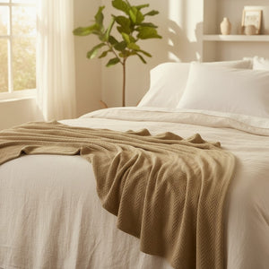 Cotton Herringbone Weave All Season Blanket Natural or Beige - Rifz Textiles Inc