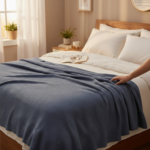 Cotton Honeycomb Weave All Season Blanket Blue - Rifz Textiles Inc