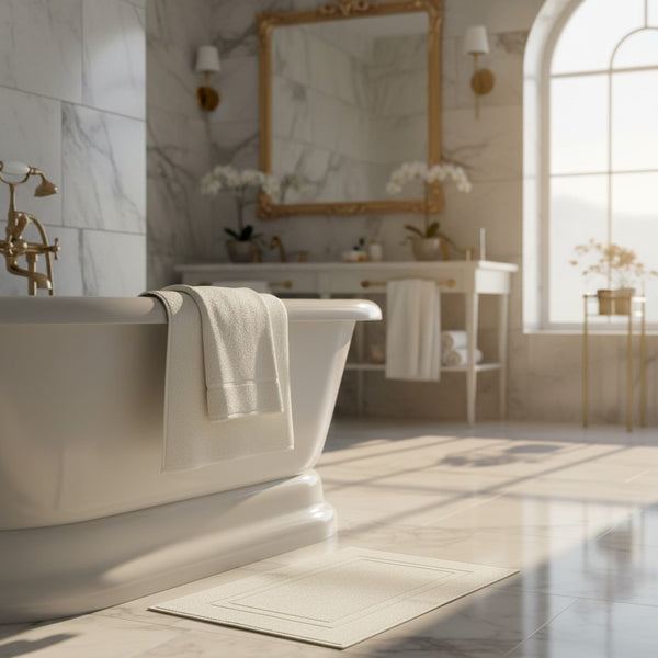 Luxurious bathroom with a freestanding bathtub with cotton lyocell bath mat, marble walls, and a large mirror.