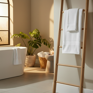 Bathroom with a wooden towel ladder, white towels, and a plant.