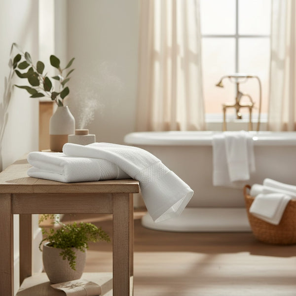 Bathroom with white hand towels on a wooden table and a bathtub in the background