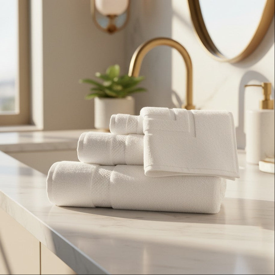 Stack of white towels on a wooden table by a poolside with a floral arch in the background.