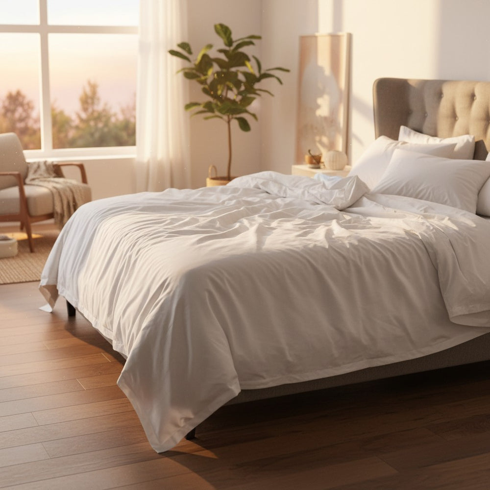 GSD Collection T-300 White Sheets. Neatly made bed in a bright bedroom with wooden floor and large window. Rifz Textiles INC