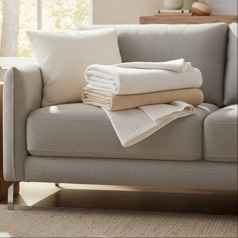 Cotton Herringbone Weave All Season Blanket White and Beige - Rifz Textiles Inc