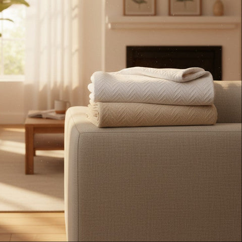 Cotton Herringbone Weave All Season Blanket White and Beige - Rifz Textiles Inc