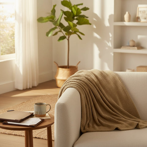 Cotton Herringbone Weave All Season Blanket Beige - Rifz Textiles Inc