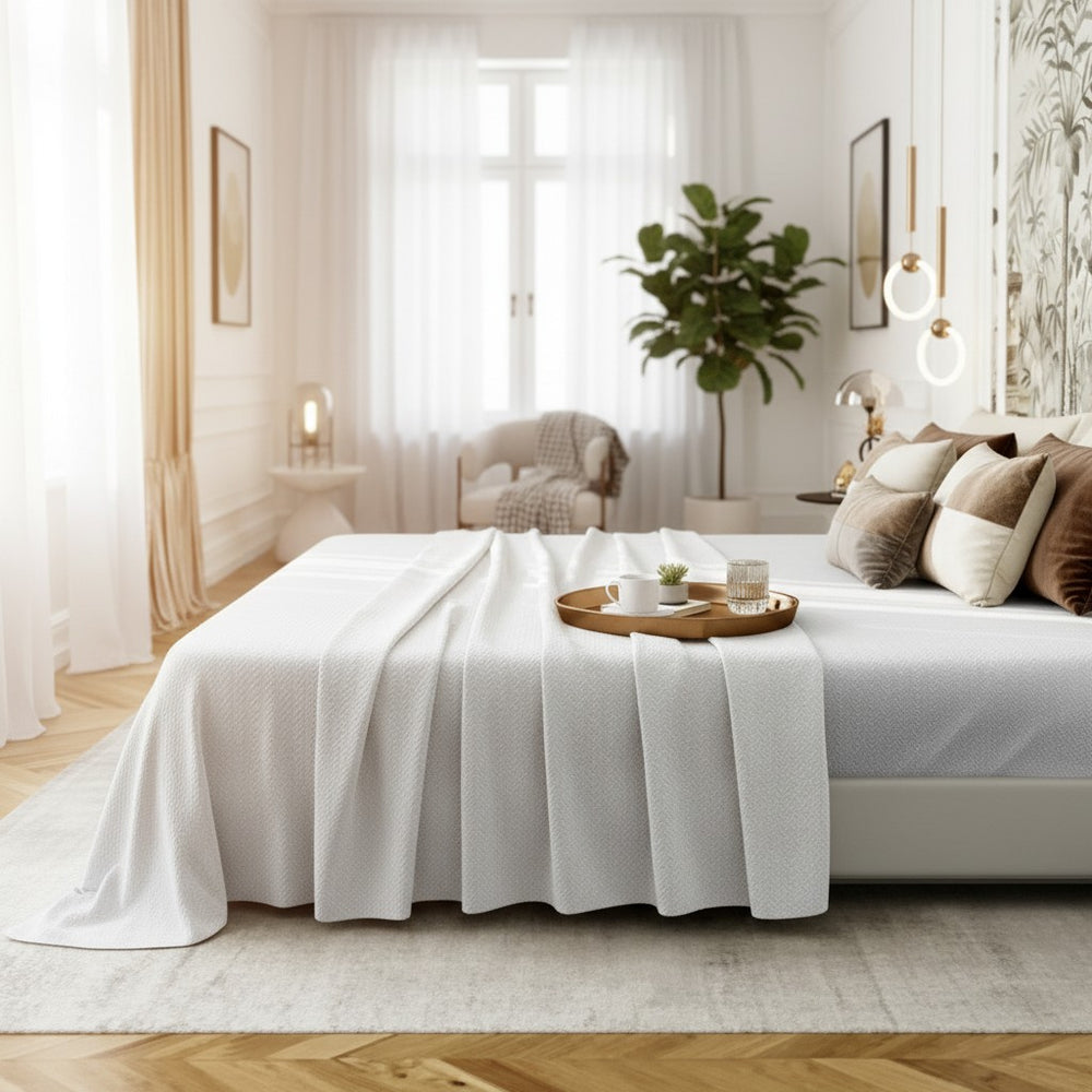 Jacquard Basket Weave 100% Polyester White Top Sheet - Rifz Textiles Inc