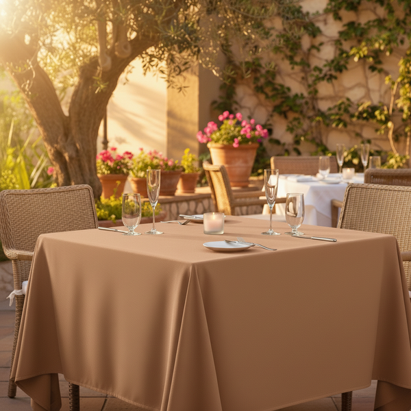 MJS 100% Spun Polyester 2 PLY Banquet & Square Table Linens Sandal Wood - Rifz Textiles Inc