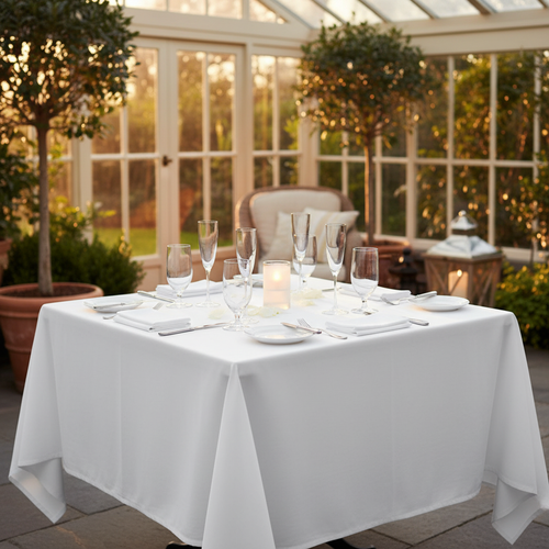 MJS 100% Spun Polyester 2 PLY Banquet & Square Table Linens  White - Rifz Textiles Inc