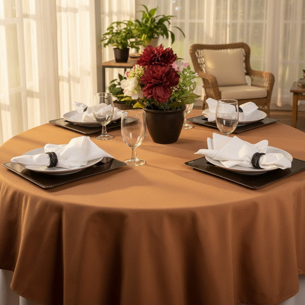 MJS 100% Spun Polyester 2 PLY Round Table Linens Sandal Wood - Rifz Textiles Inc