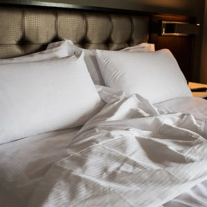 T-250 White Blended 10 MM Satin Stripe Bed Sheets - Rifz Textiles Inc