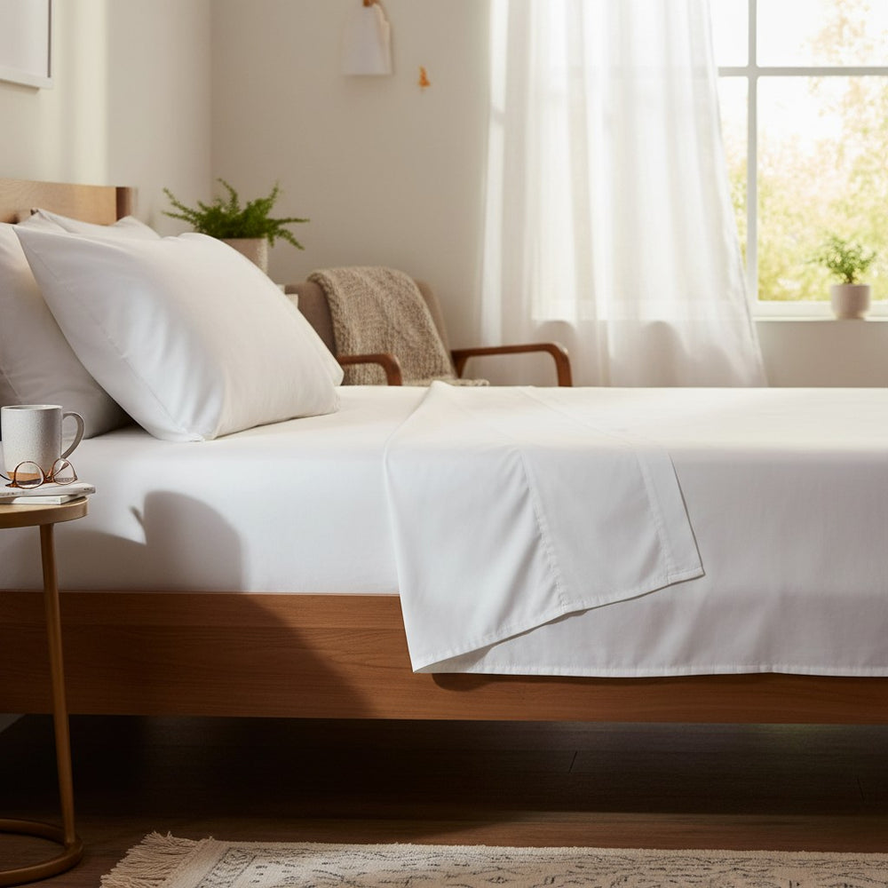 T-250 White Percale Sheets in a Bedroom with neatly made bed, side table, and window with curtains | Rifz Textiles