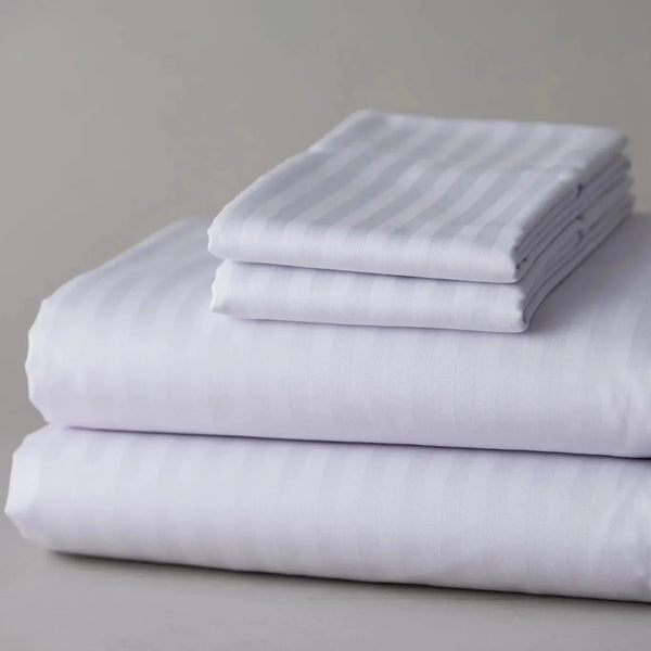T-250 White Blended 10 MM Satin Stripe Bed Sheets - Rifz Textiles Inc