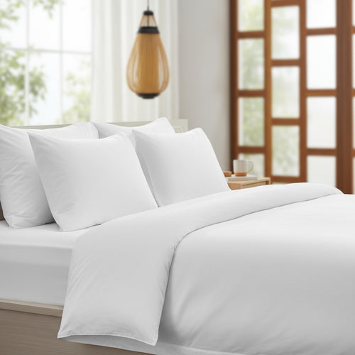 White bedding set on a bed in a bright bedroom with large windows.