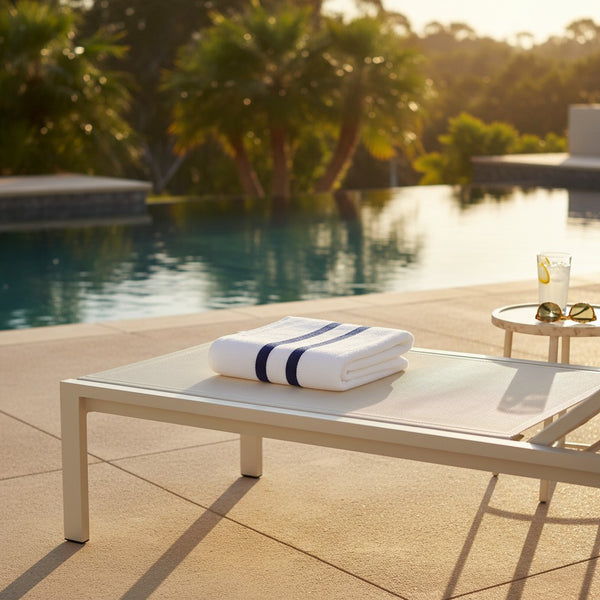 Folded towel on a lounge chair by a pool with trees in the background